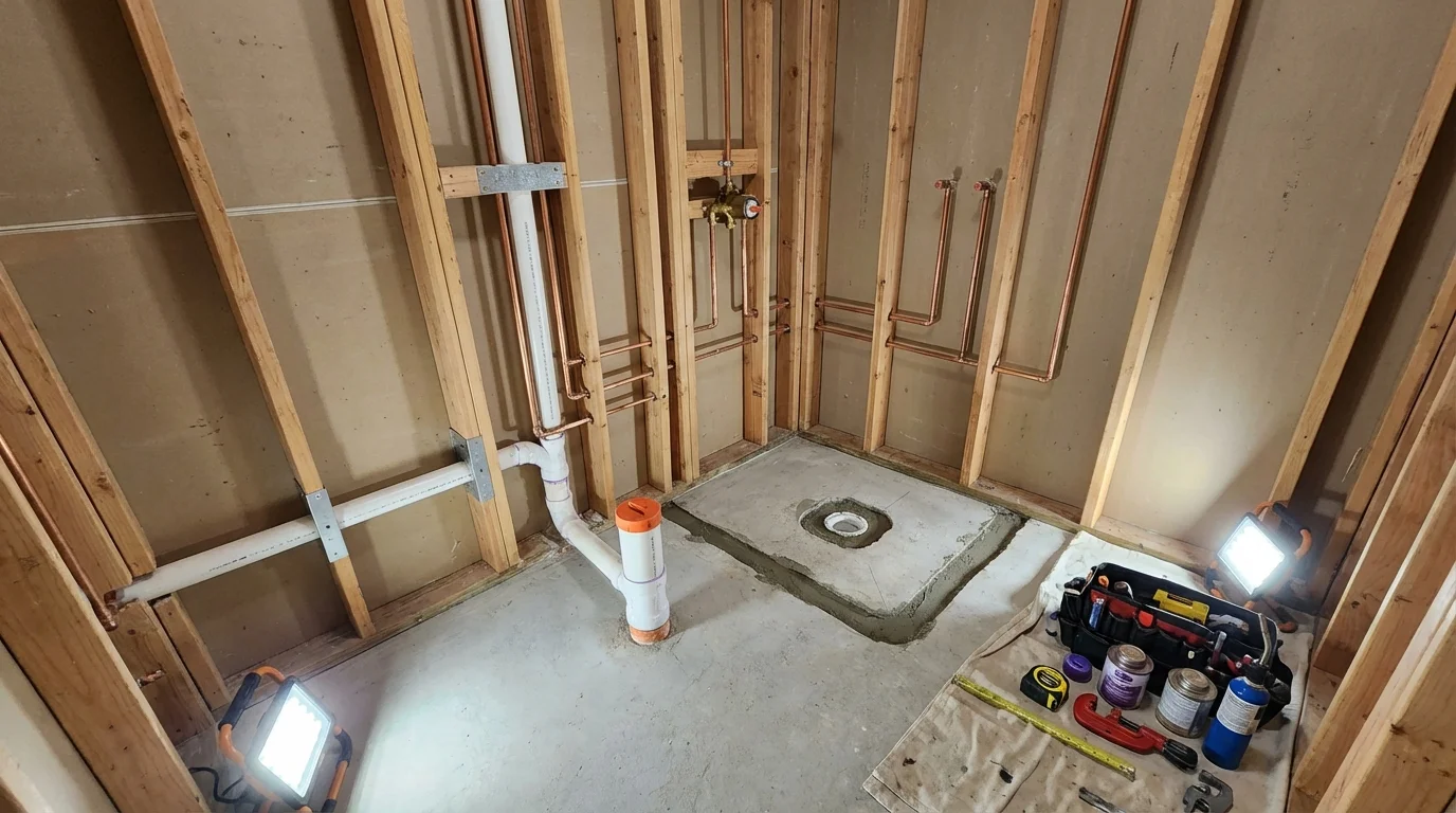 Bathroom rough-in plumbing during remodel by Johns Plumbing LLC in Roby
