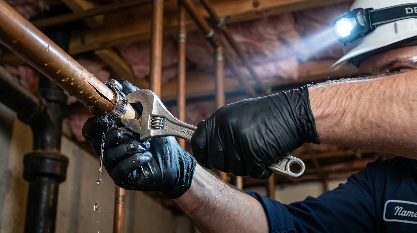 Emergency pipe clamp repair being performed by a Johns Plumbing LLC plumber in Roby