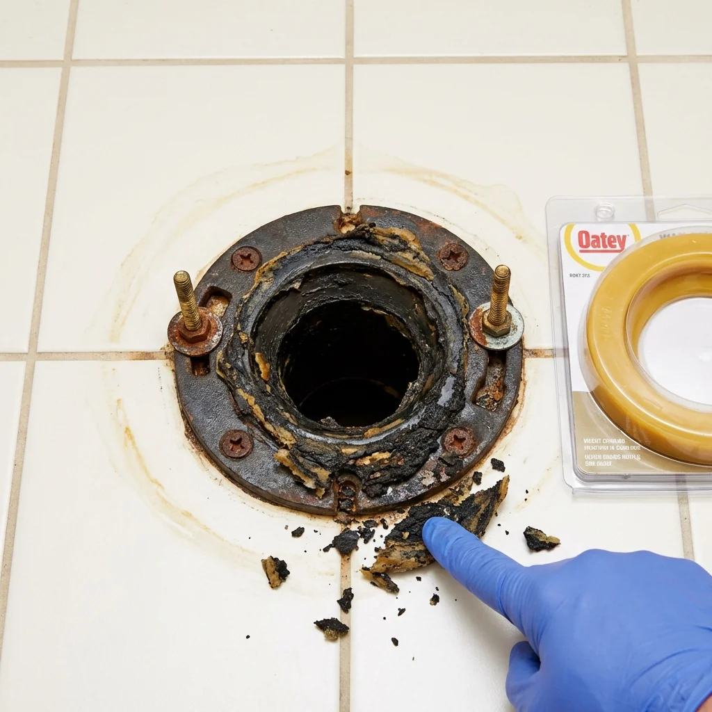 Failed wax ring showing water seepage at the base of a toilet in a Roby, TX home