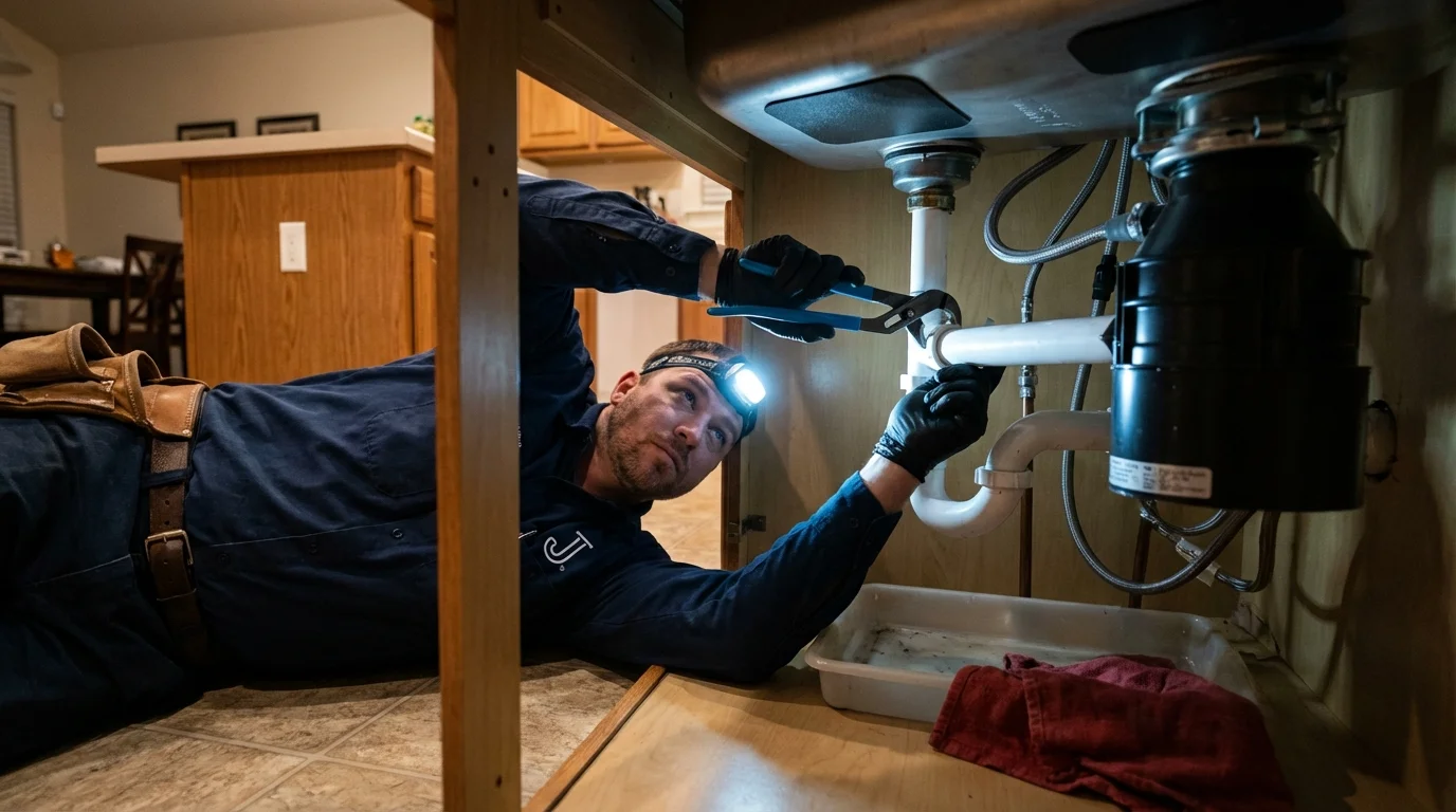 P-trap and supply line connections under a kitchen sink showing a common leak point in Roby, TX